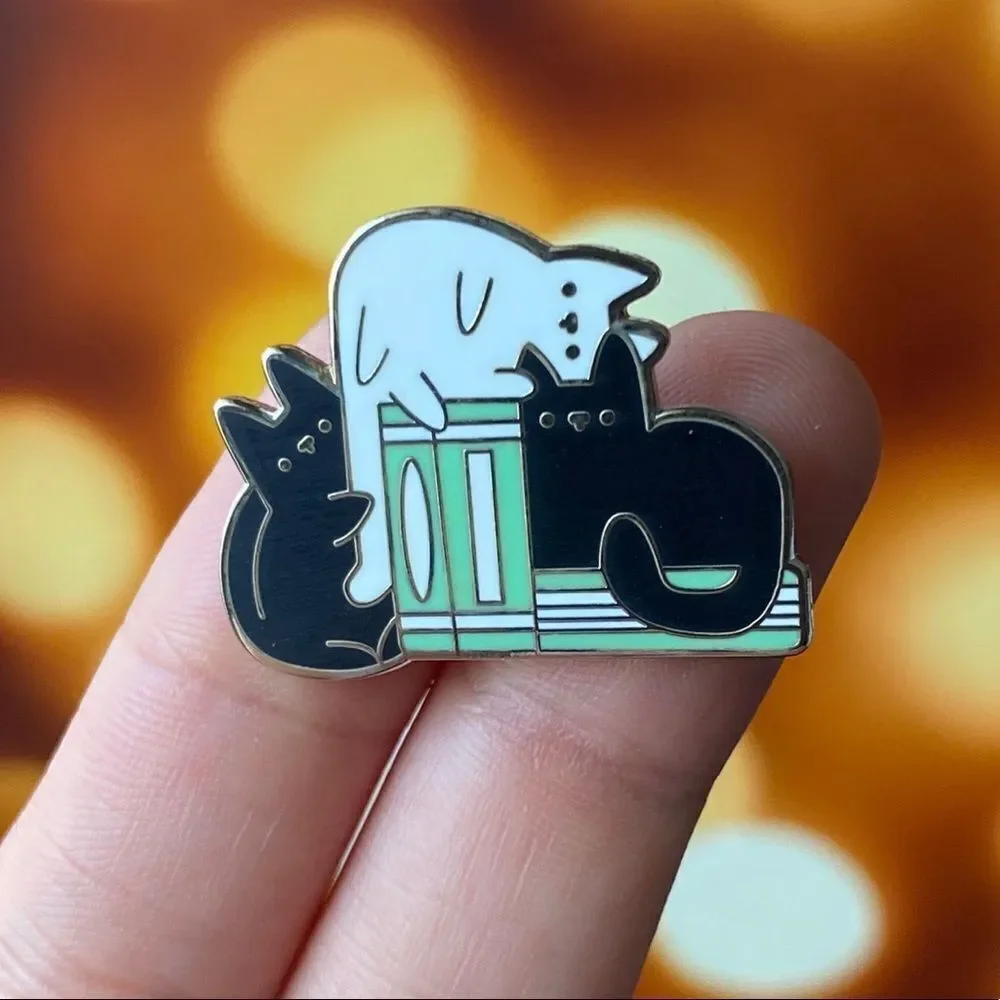 Books and Cats Black White Enamel Pin/ Brooch